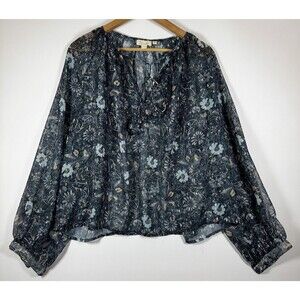 Let Me Be Anthropologie Blouse Large Floral Metallic Sheer Long Sleeve Boho Top
